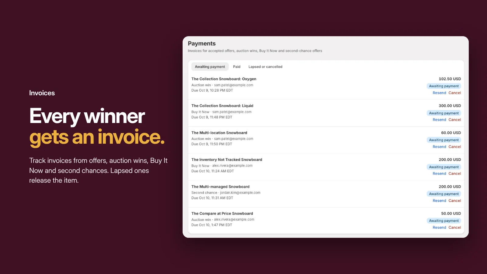 Invoices for auction wins, offers and Buy It Now sales