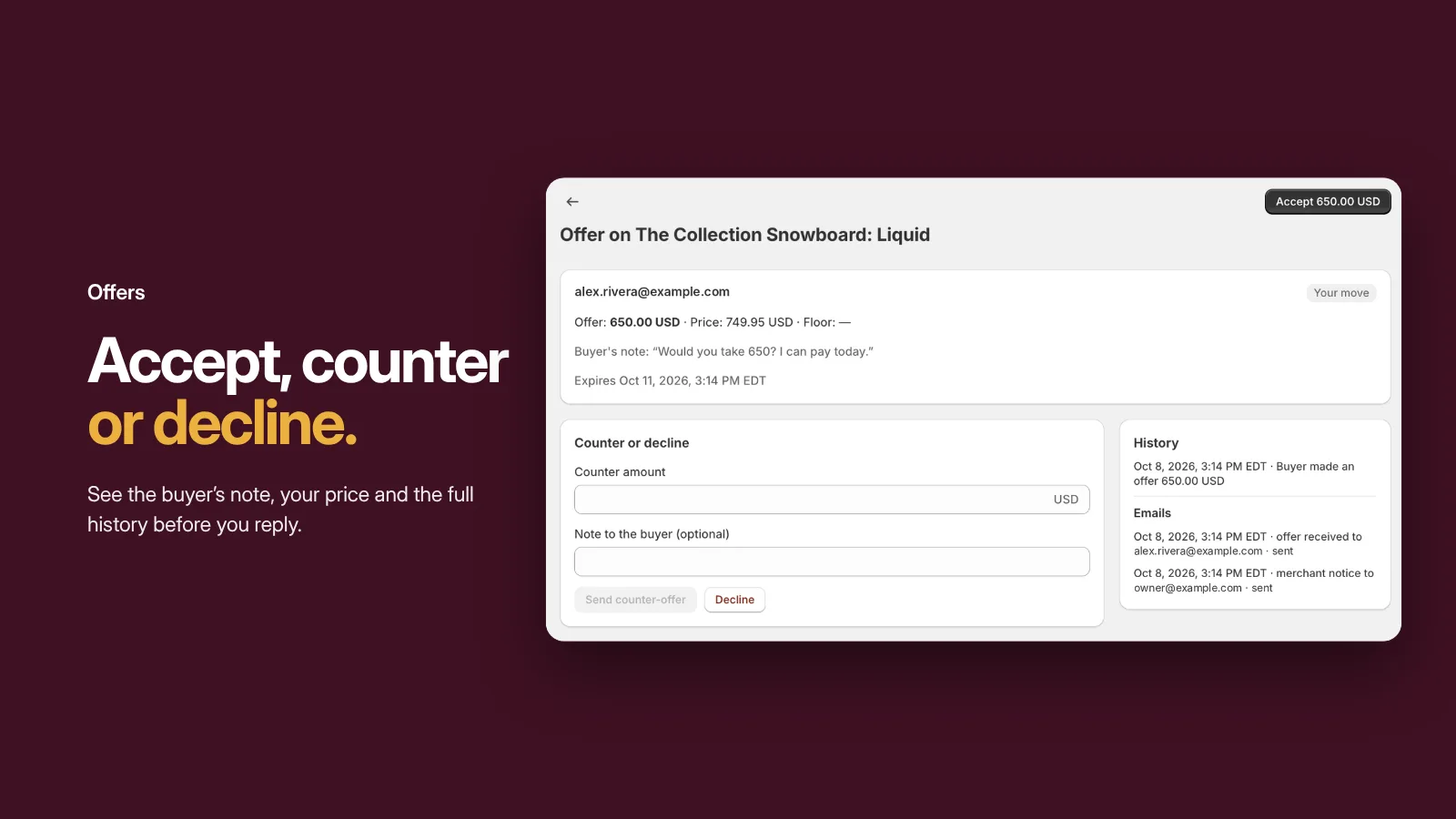 Replying to an offer with accept, counter or decline
