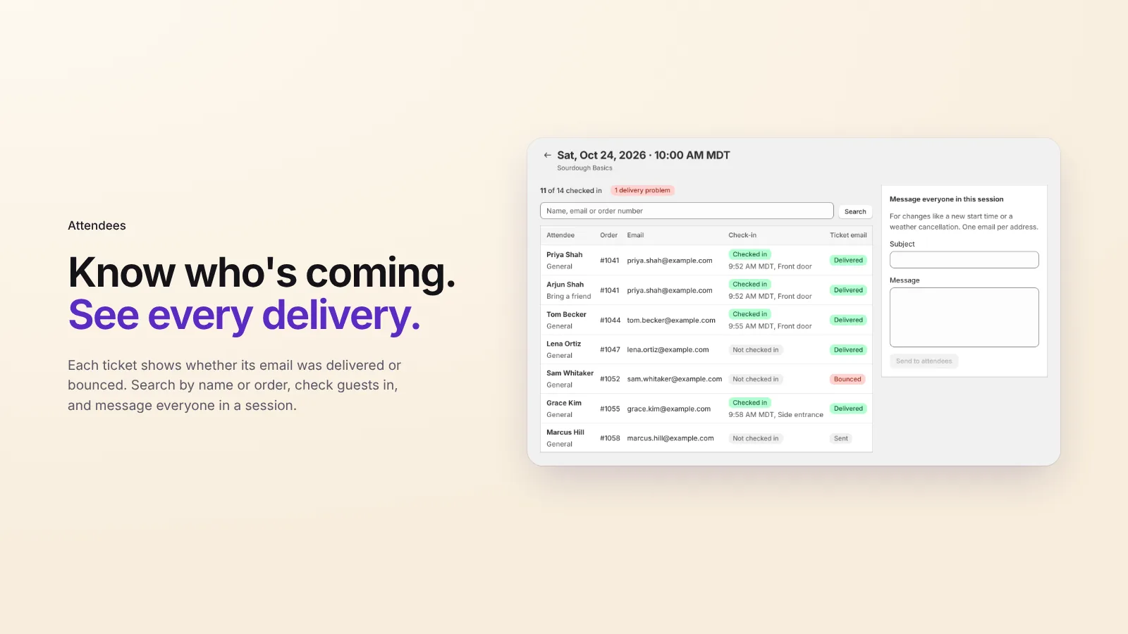 Attendee list with check-in and ticket email delivery status
