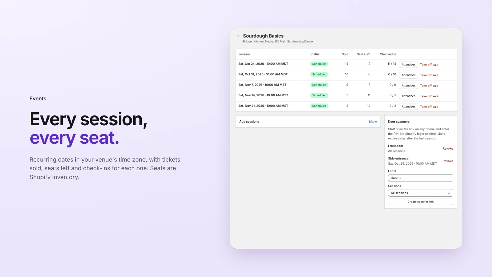 Event page with sessions, seats sold, seats left and check-ins