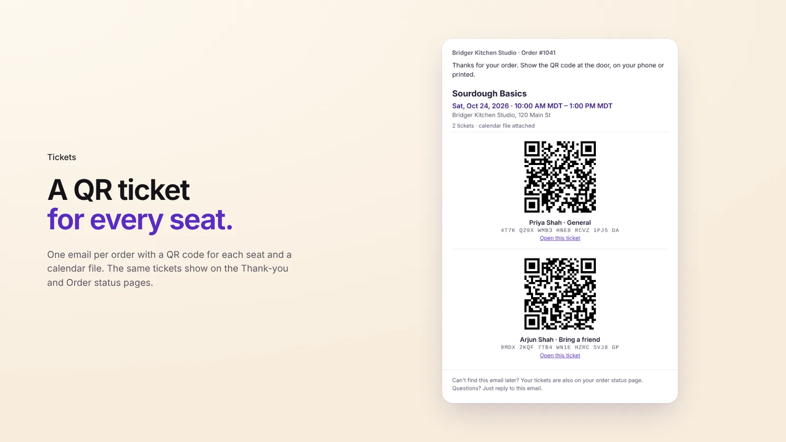 Ticket email with a QR code for each seat