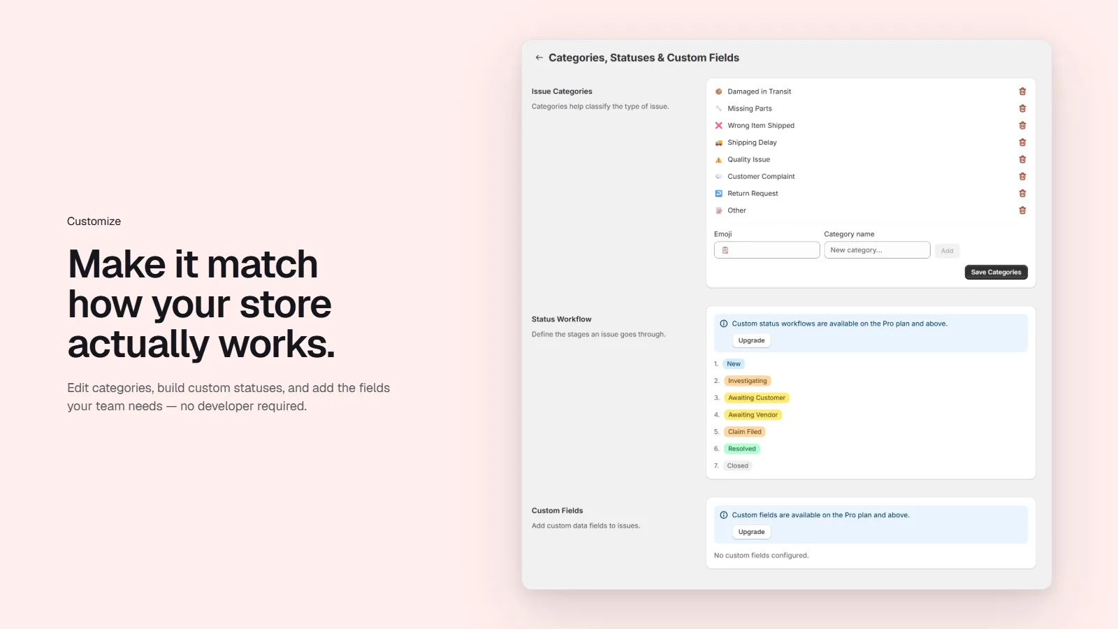 Settings for categories, statuses and custom fields