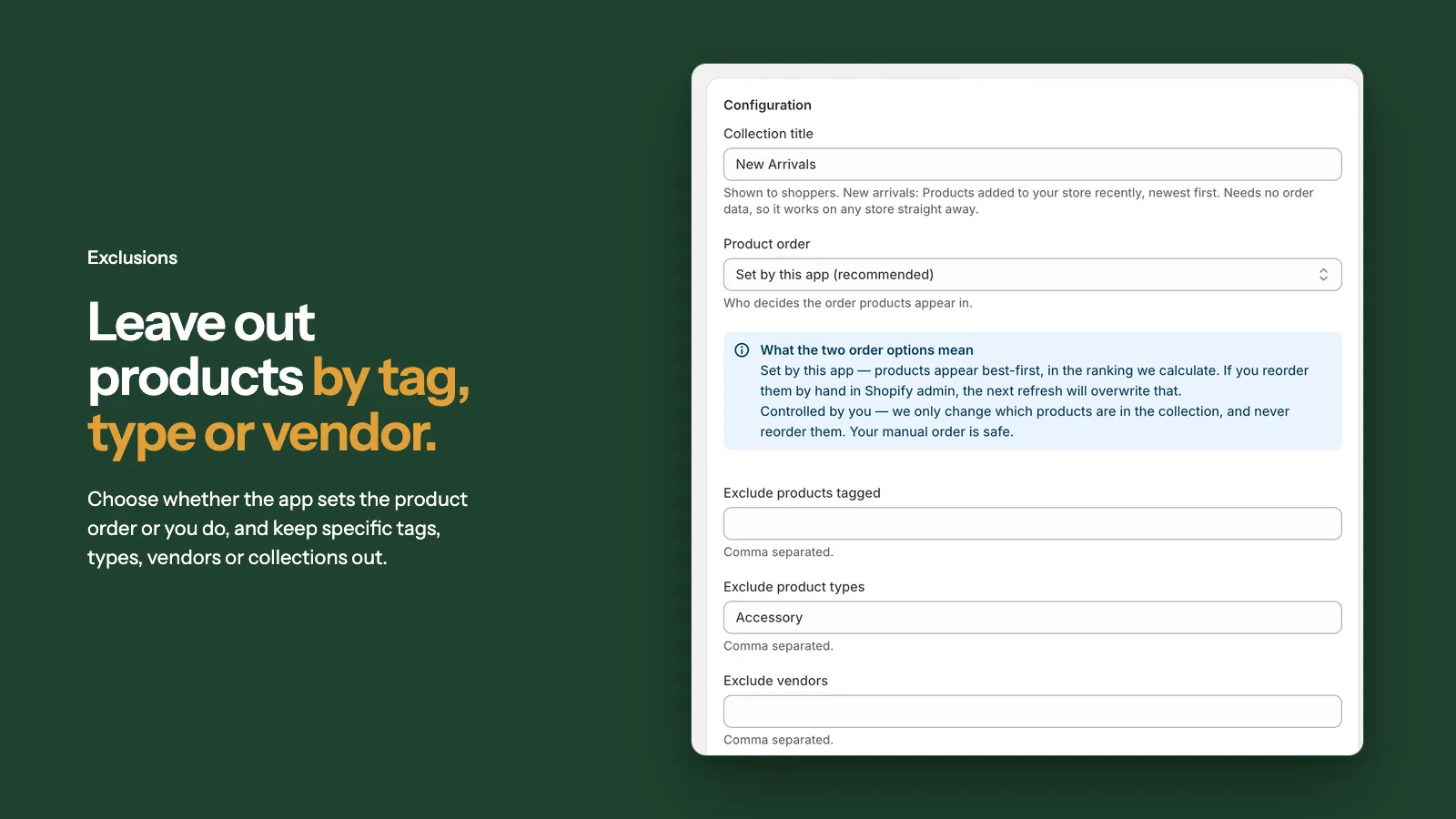 Collection settings with product order and exclusions