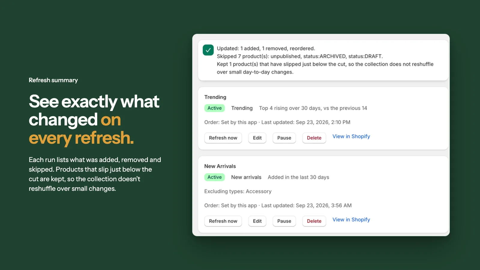 Refresh summary showing products added, removed and skipped