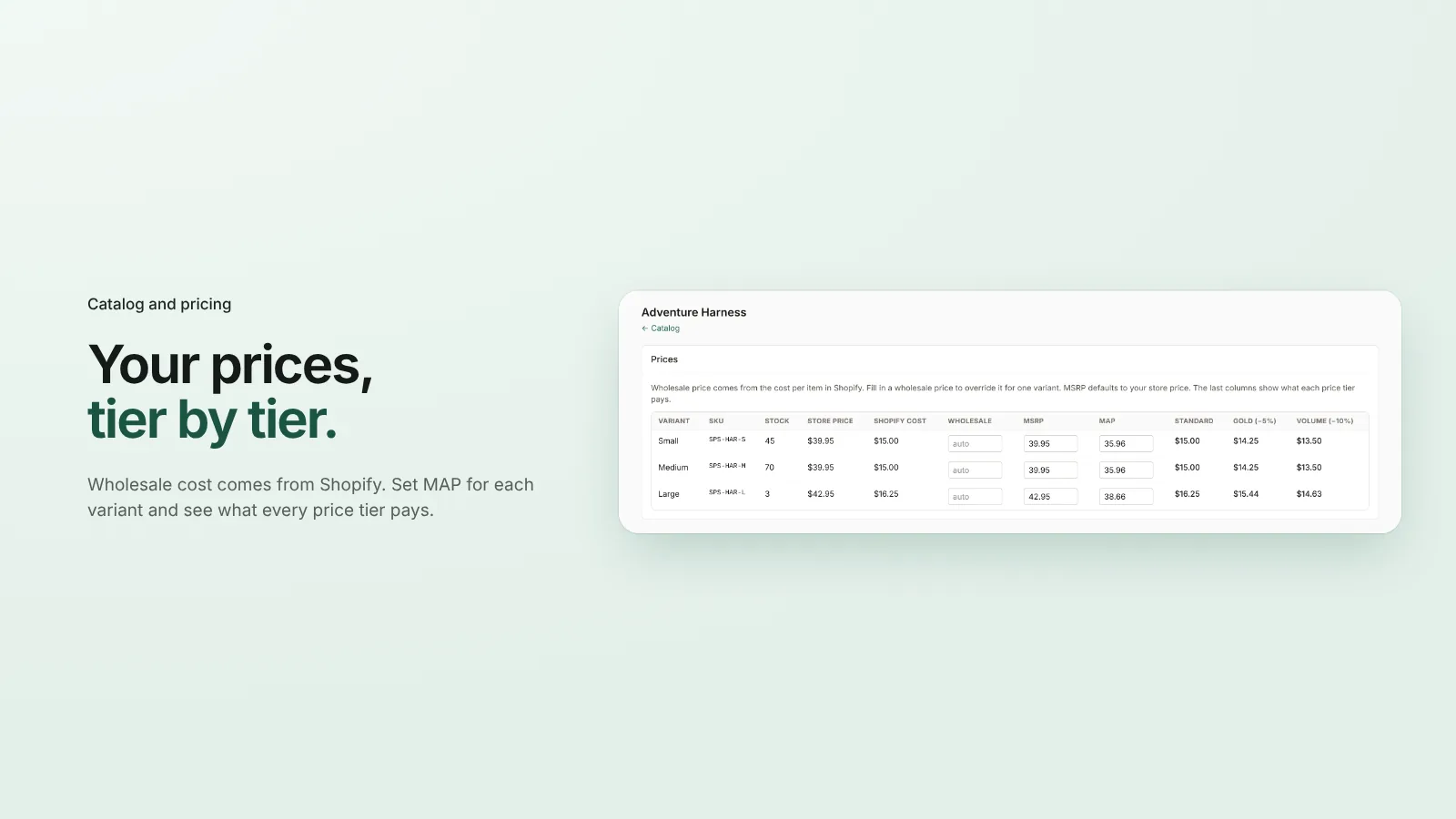 VendorDesk product prices with wholesale cost, MAP and a price per tier