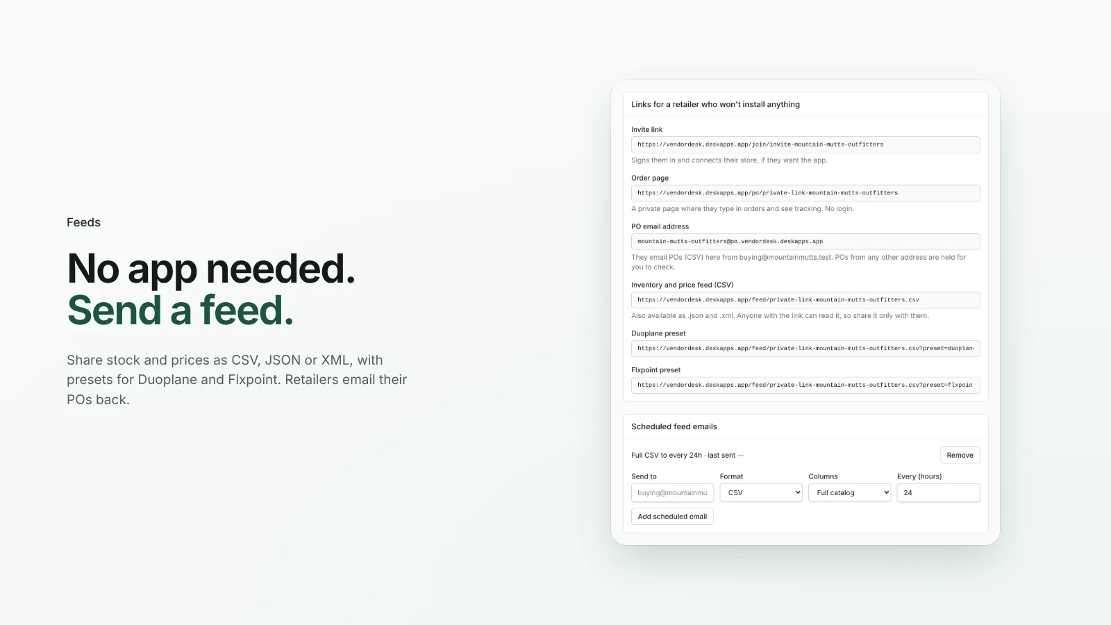 VendorDesk feed links in CSV, JSON and XML with Duoplane and Flxpoint presets