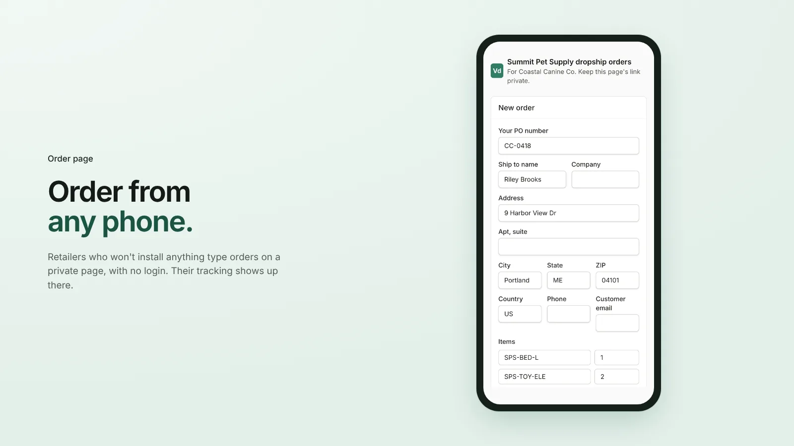 VendorDesk's no-login retailer order page on a phone