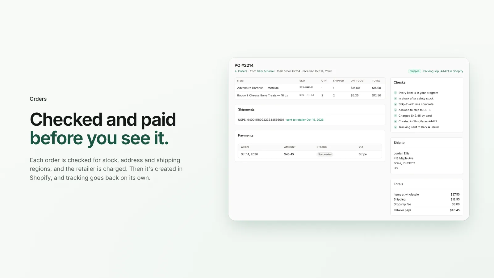A VendorDesk order with its checks, card charge, Shopify order and tracking