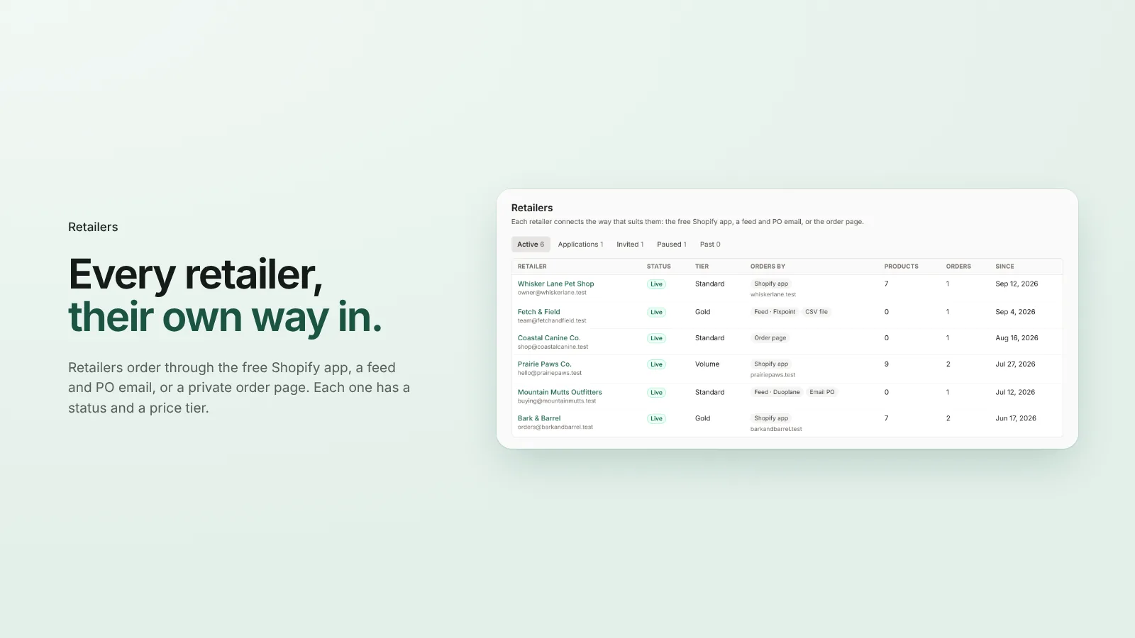 VendorDesk retailer list with status, price tier and how each one orders